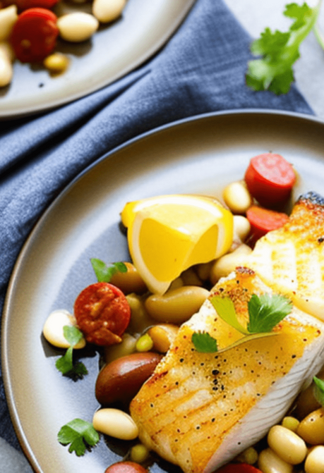 Roast halibut with butter beans and chorizo