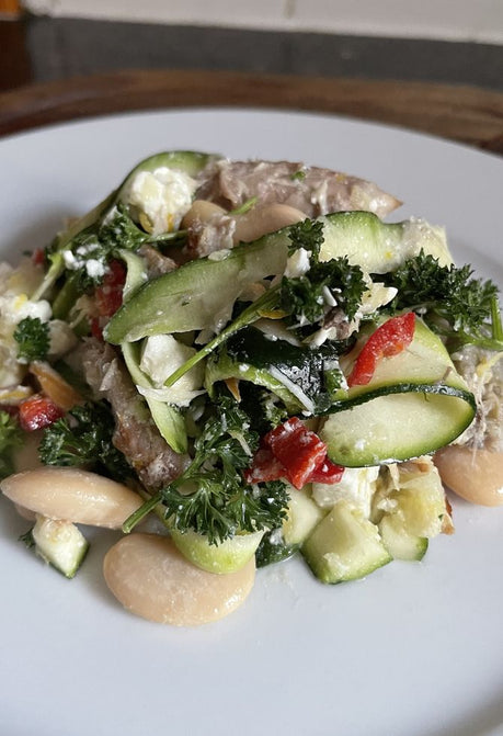 Smoked mackerel, courgette & butter bean salad