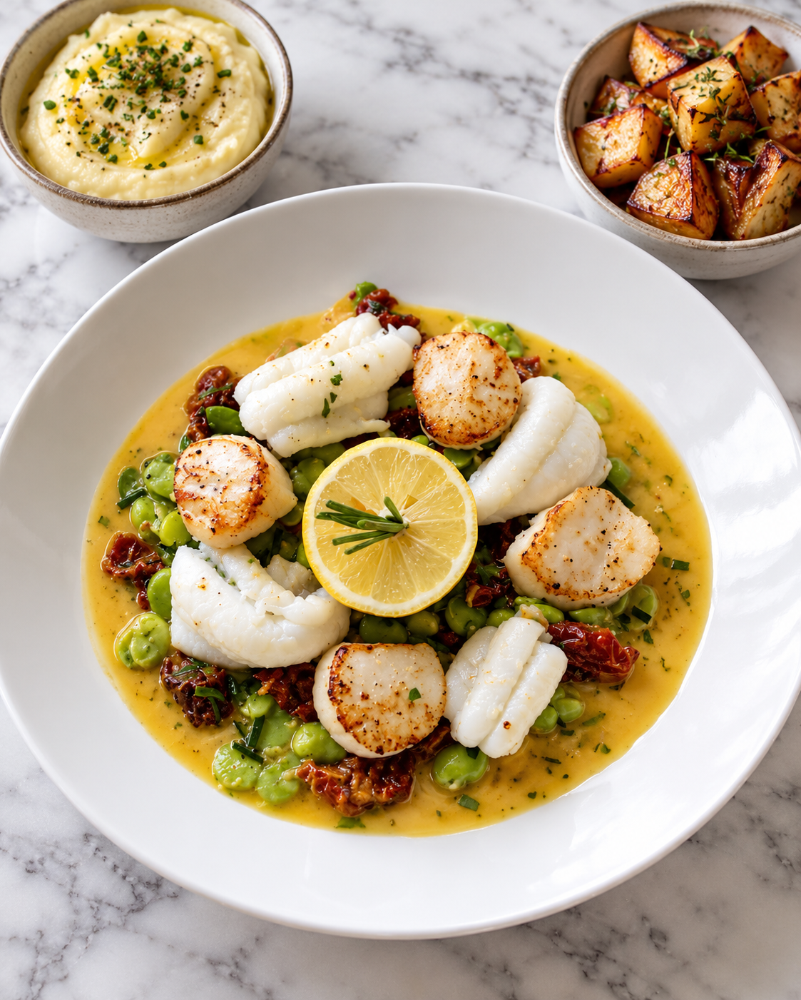 Seared Barra Scallops & Baked Witch Sole