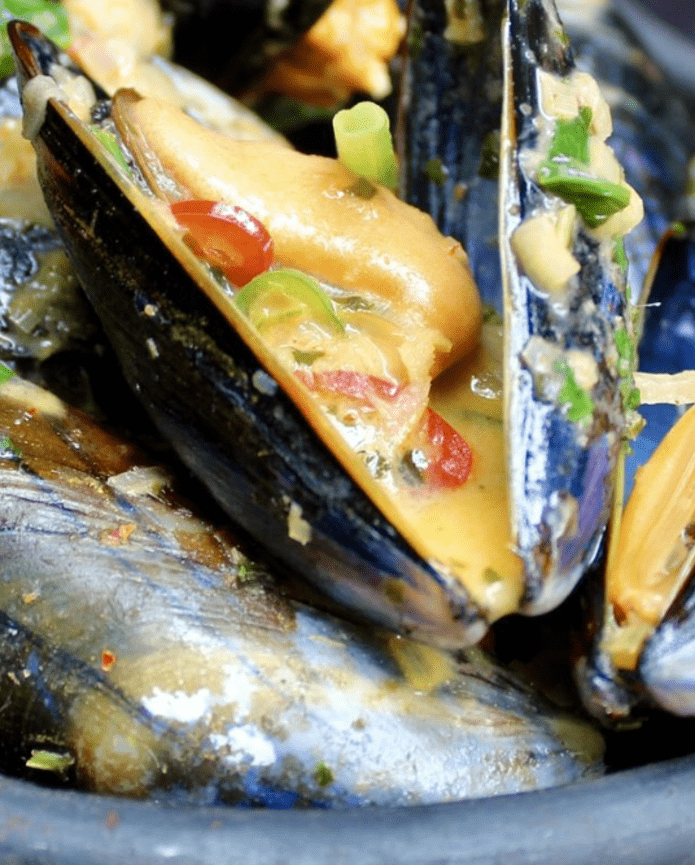 Mussels with Thai Spiced Coconut & Lime Broth + Thai Fish Cakes